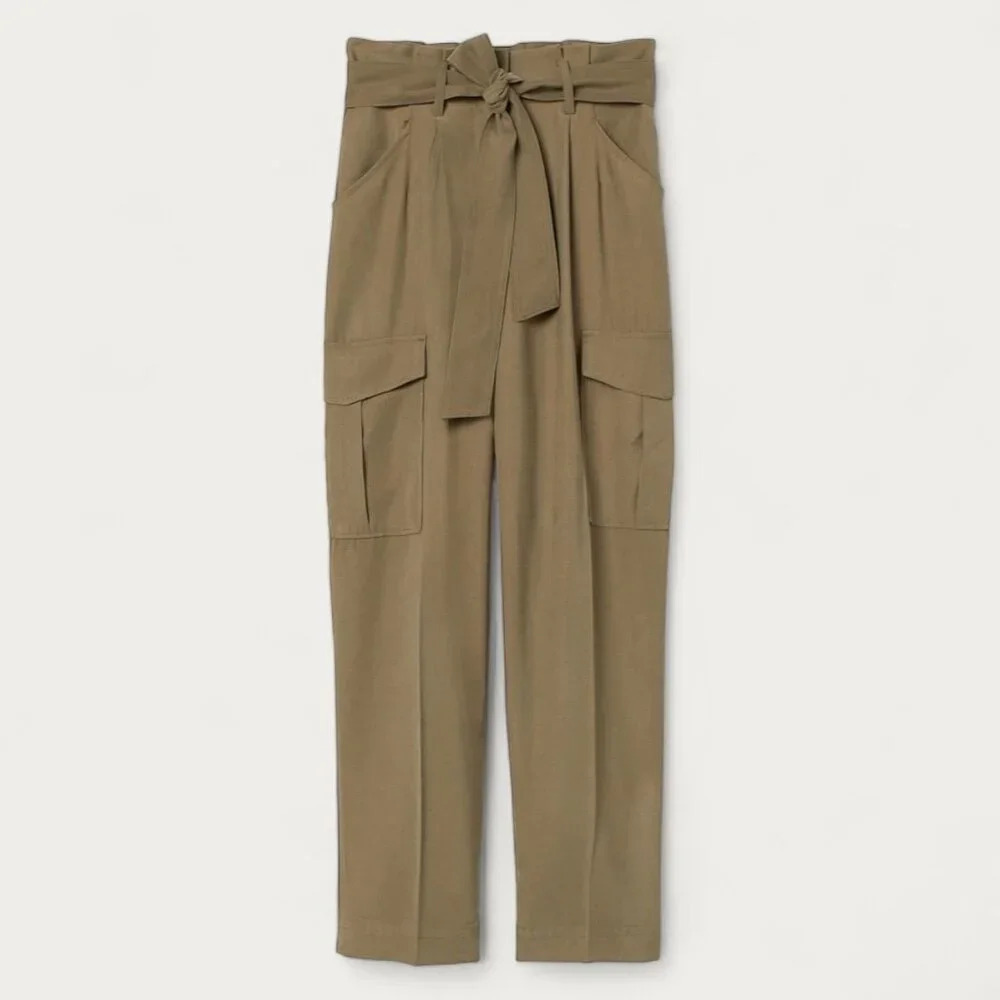 H&M Olive Green Paperbag waist Tie Belt Loose Fit Tapered‎ Leg Cargo Trousers